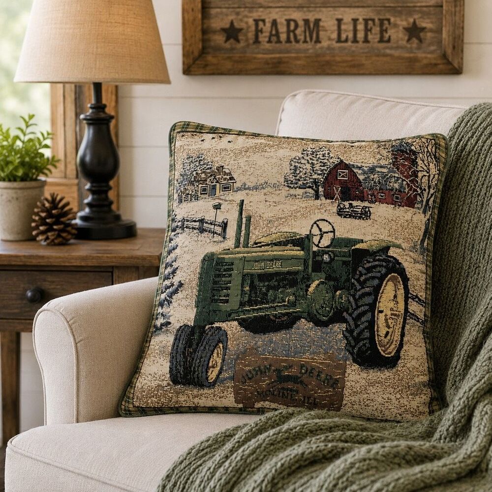 John Deere Tractor Farm Scene 13” Woven Tapestry Throw Pillow Vintage